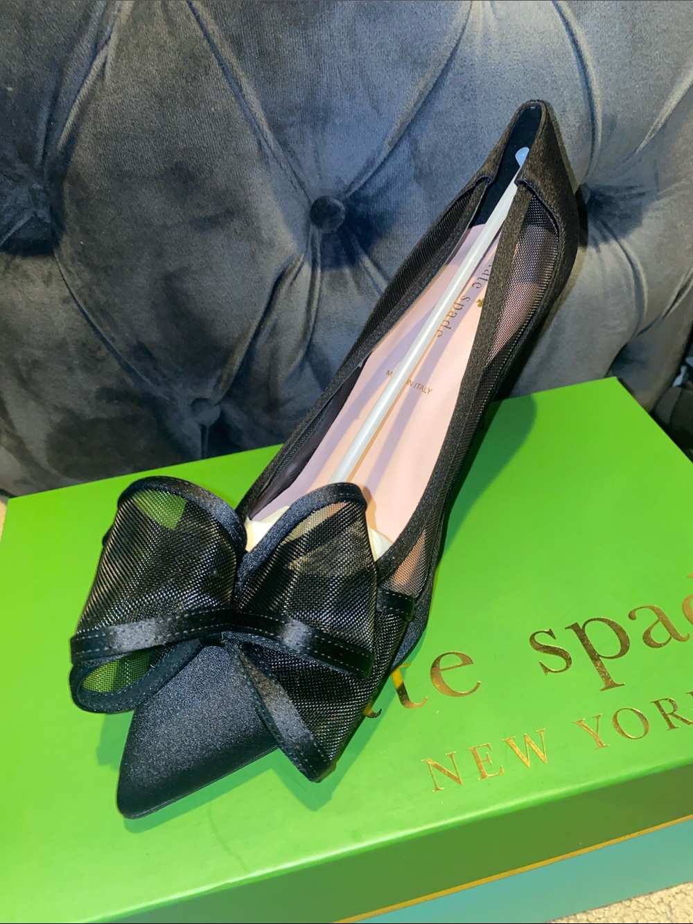 kate spade Black Pointed Toe Mesh Flats with Bow Accent